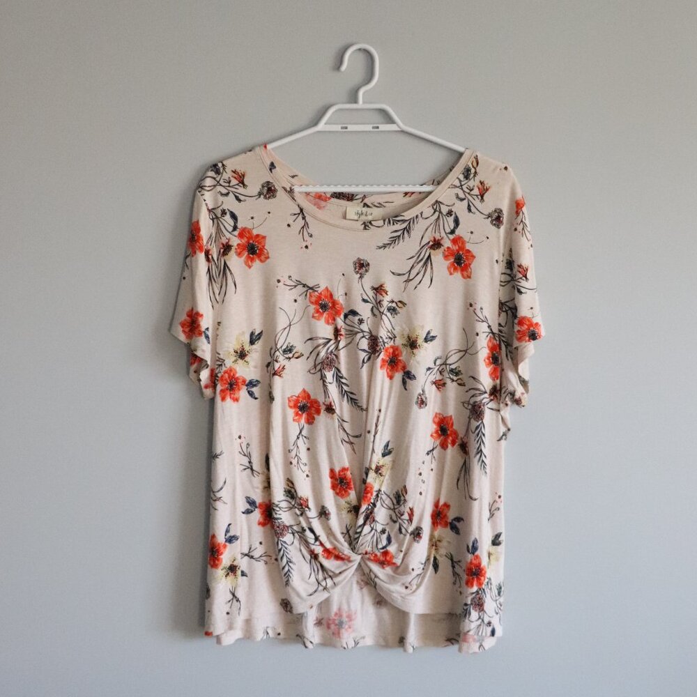 Style & Co. Womens Sz XL Floral Twist Front Hem Comfy‎ Crew Short Sleeve T-Shirt